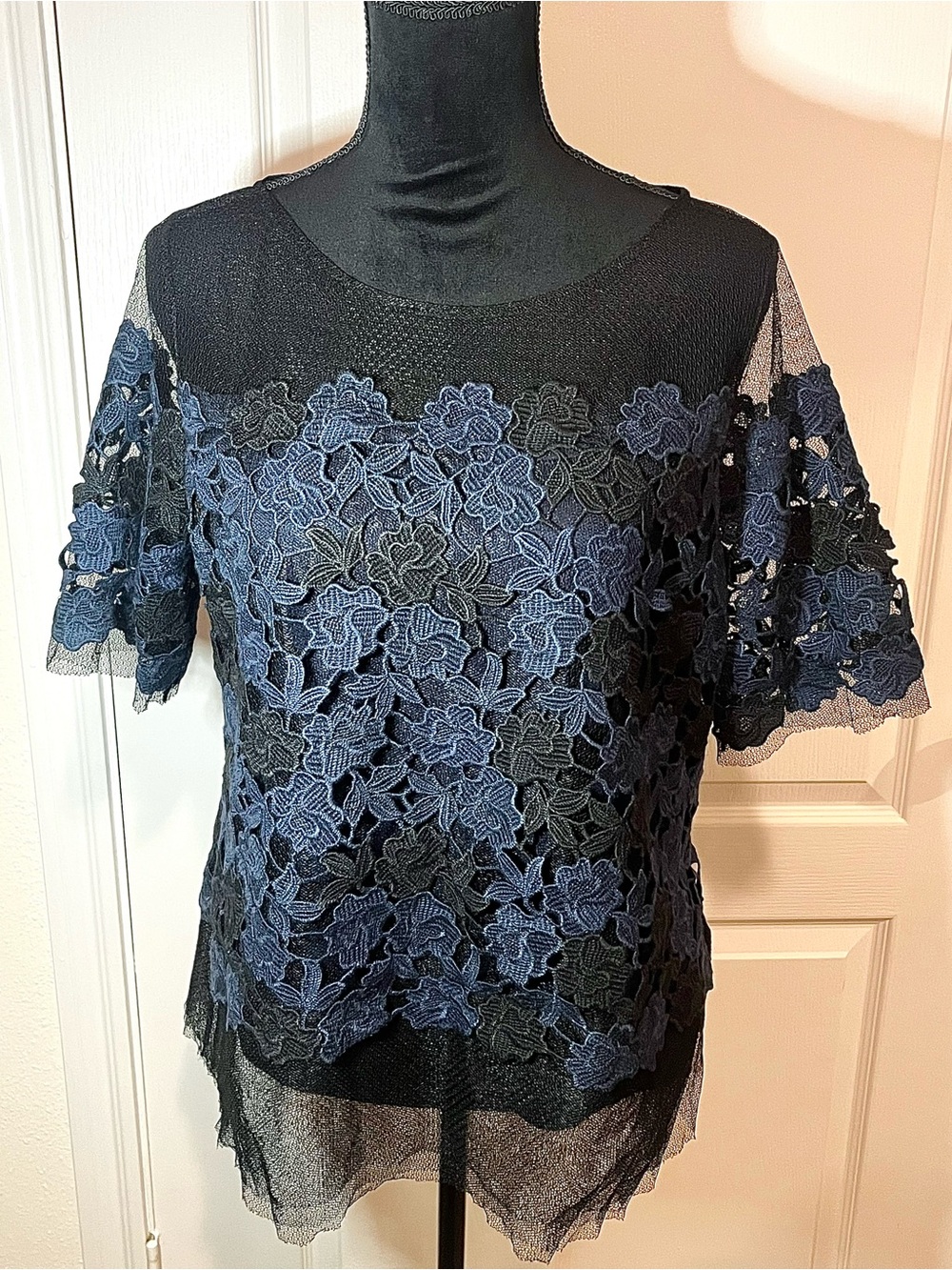 White House Black Market Black Mesh Top with Navy Floral Lace